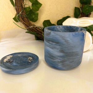 Round Container Blue Marble w/Silver Leaf